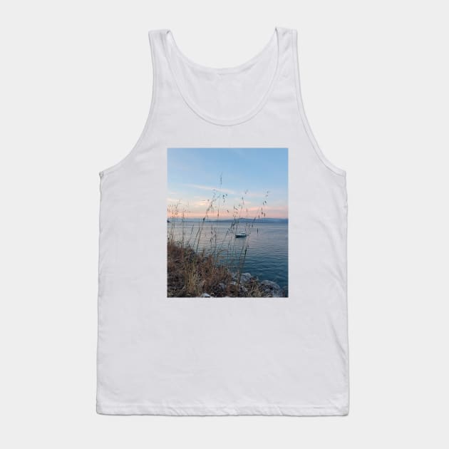 Serene Ocean Sunset: Boat Amidst Weeds Tank Top by HFGJewels